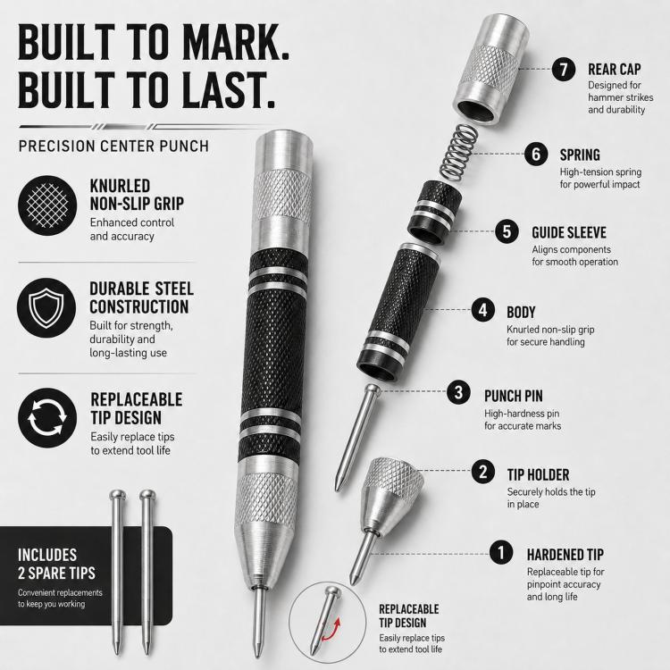 5-Inch Automatic Center Punch Spring Loaded Center Punch Tool Metal/Wood Scriber and Window Glass Breaker Emergency Escape Tool, with 2 Spare Tips