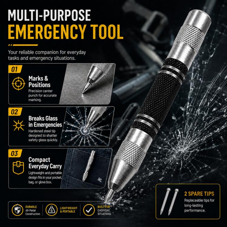 5-Inch Automatic Center Punch Spring Loaded Center Punch Tool Metal/Wood Scriber and Window Glass Breaker Emergency Escape Tool, with 2 Spare Tips