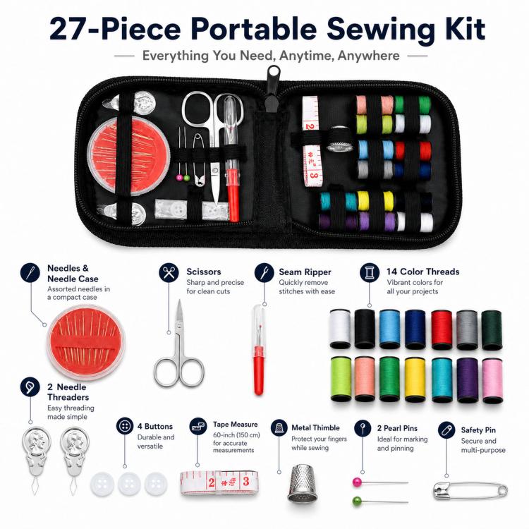 27pcs /Set Portable Sewing Kit Mini Sewing Supplies with 14 Colors Thread, Scissors, Tape Measure, Needles & Case, Travel Sewing Kit for Beginners