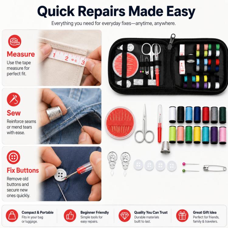 27pcs /Set Portable Sewing Kit Mini Sewing Supplies with 14 Colors Thread, Scissors, Tape Measure, Needles & Case, Travel Sewing Kit for Beginners