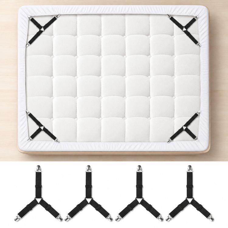 4pcs /Pack Bed Sheet Fasteners 3-Way Triangle Sheet Straps Adjustable Elastic Mattress Sheet Holder Straps with Metal Clips & Fabric Protectors