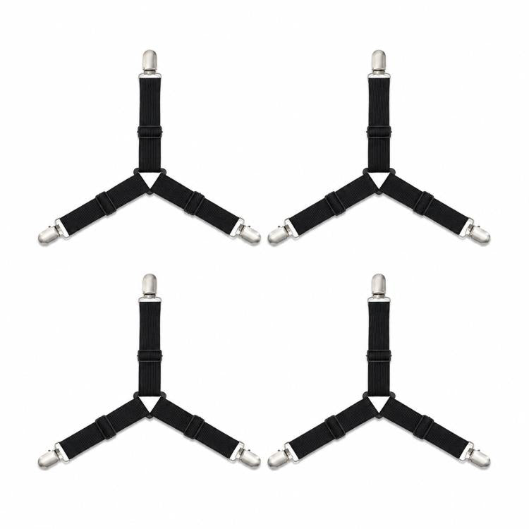 4pcs /Pack Bed Sheet Fasteners 3-Way Triangle Sheet Straps Adjustable Elastic Mattress Sheet Holder Straps with Metal Clips & Fabric Protectors