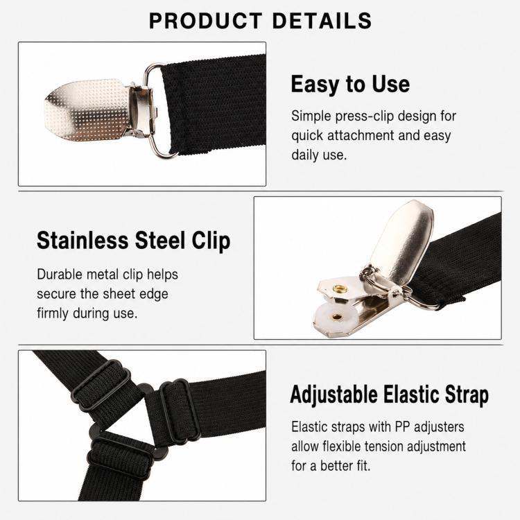 4pcs /Pack Bed Sheet Fasteners 3-Way Triangle Sheet Straps Adjustable Elastic Mattress Sheet Holder Straps with Metal Clips & Fabric Protectors
