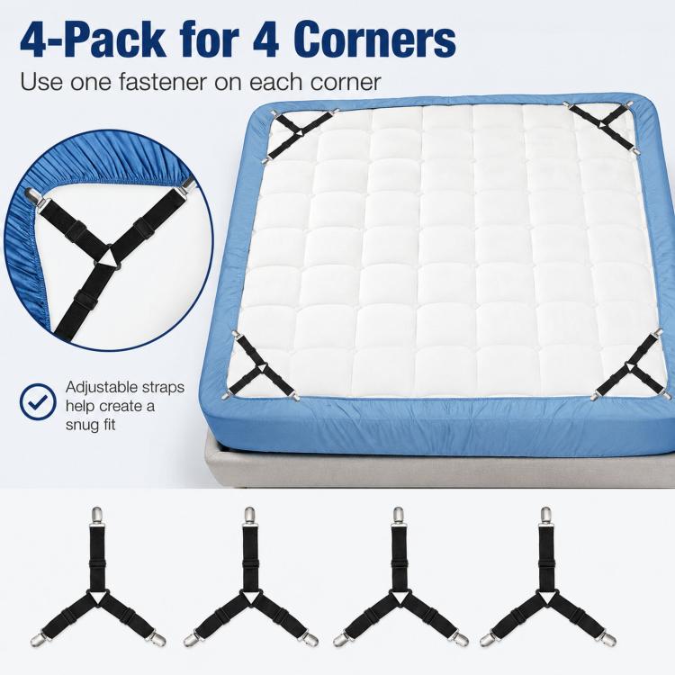 4pcs /Pack Bed Sheet Fasteners 3-Way Triangle Sheet Straps Adjustable Elastic Mattress Sheet Holder Straps with Metal Clips & Fabric Protectors