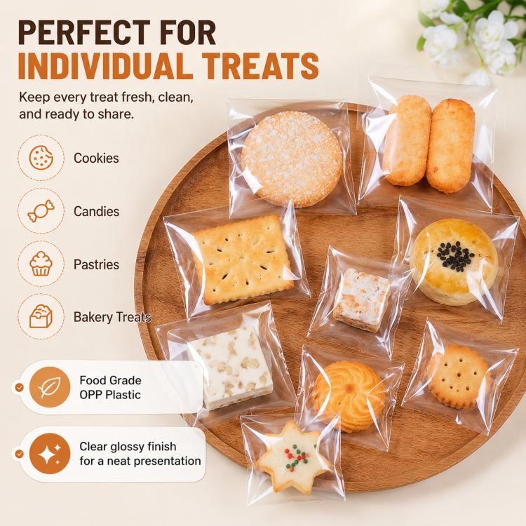 100pcs /Pack Clear Cellophane Bags Self Sealing Cello Bags 2.75 Mil Food Grade OPP Plastic Cookie Bags for Bakery, 4.7x5.9+1.2inch Flap