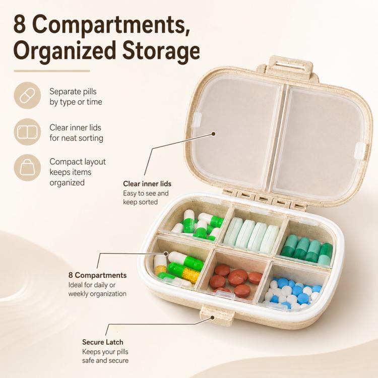 Travel Pill Organizer 8 Compartments Wheat Straw Pill Box for Purse Portable Pocket Medicine Case with Moisture-Proof Lids