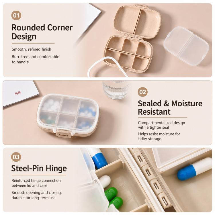 Travel Pill Organizer 8 Compartments Wheat Straw Pill Box for Purse Portable Pocket Medicine Case with Moisture-Proof Lids