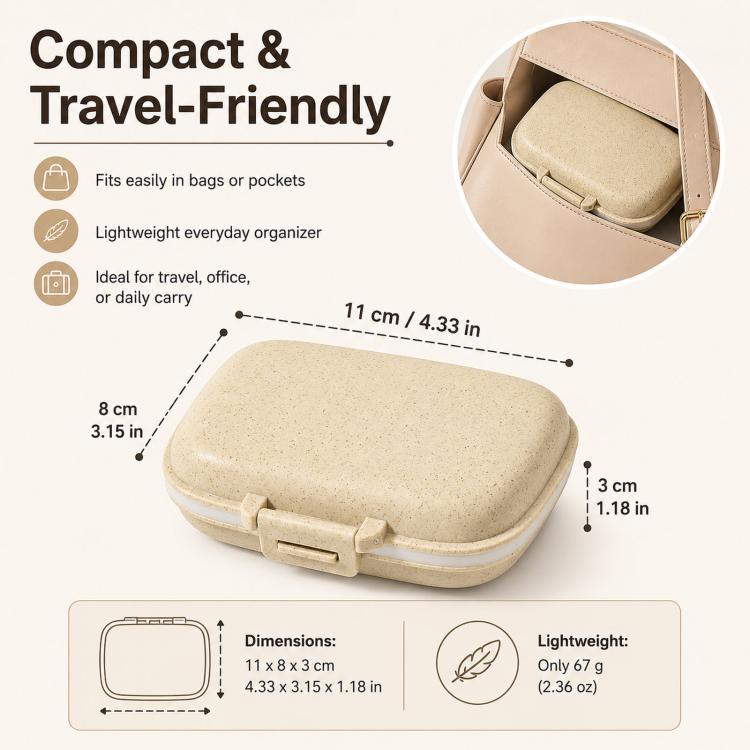 Travel Pill Organizer 8 Compartments Wheat Straw Pill Box for Purse Portable Pocket Medicine Case with Moisture-Proof Lids