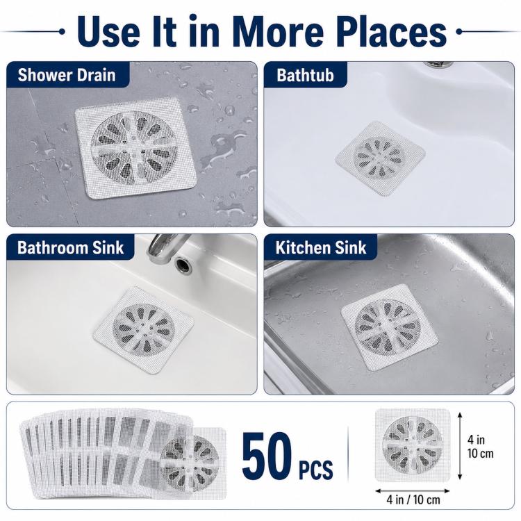 50pcs Disposable Shower Drain Hair Catcher Mesh Stickers Drain Cover Catcher for Bathroom, Bathtub, Kitchen Sink, 4x4 Inch Square