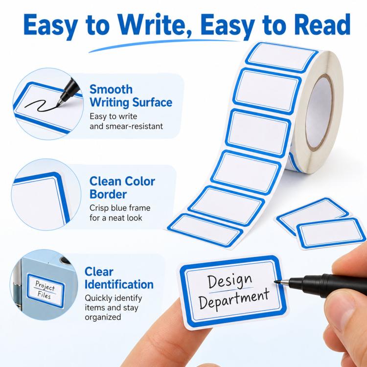 500pcs /Roll Write-On Labels with Color Borders 1.57 x 0.98 Inch Self-Adhesive File Folder Labels Easy Writing Blank Stickers