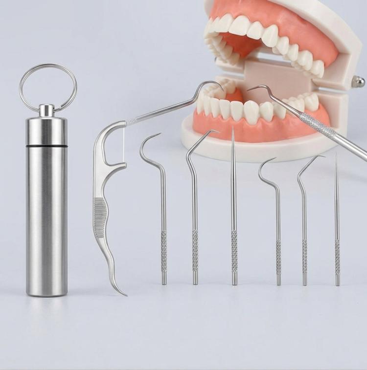 7-Piece Stainless Steel Toothpick Set Reusable Dental Pick Kit With Portable Metal Case Deep Teeth Cleaning Tool For Oral Hygiene