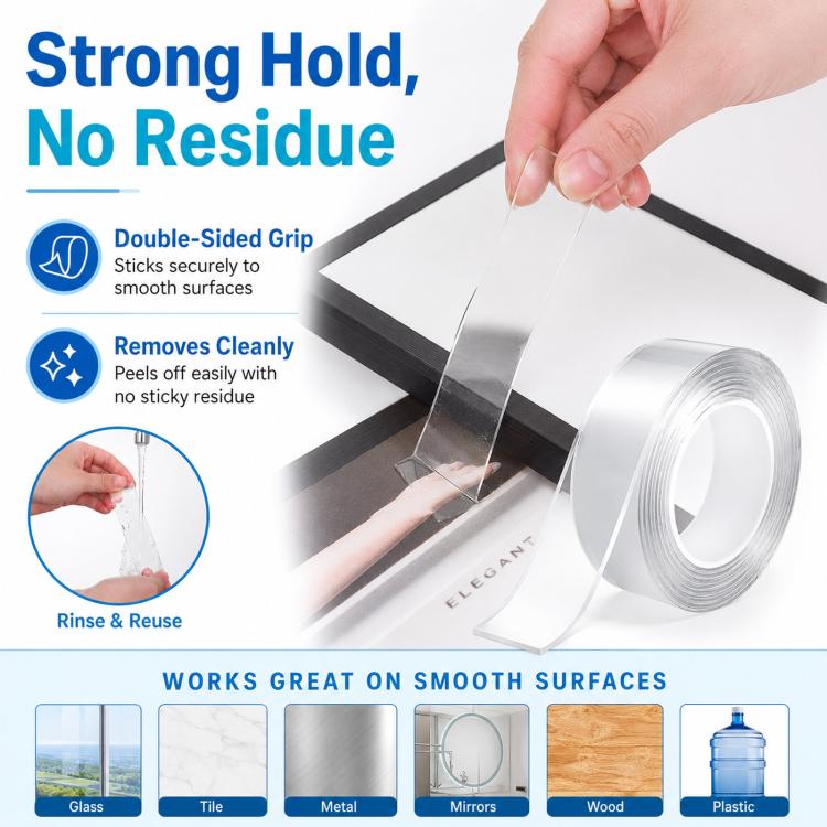 Nano Double Sided Tape Washable Removable Clear Gel Grip Tape Reusable Mounting Tape Waterproof & Removable, 0.04in Thickx1.2in Wide x 3.3ft Long