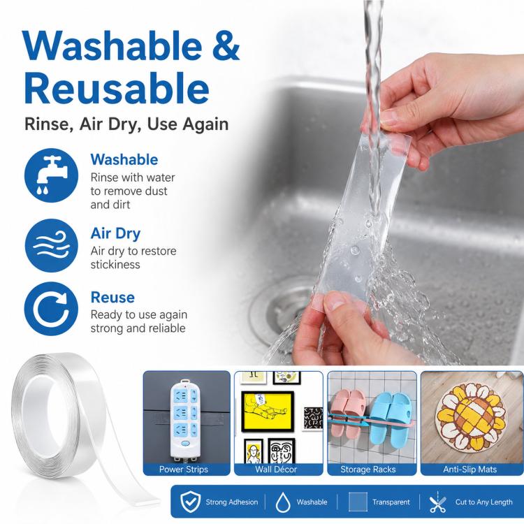 Nano Double Sided Tape Washable Removable Clear Gel Grip Tape Reusable Mounting Tape Waterproof & Removable, 0.04in Thickx1.2in Wide x 3.3ft Long