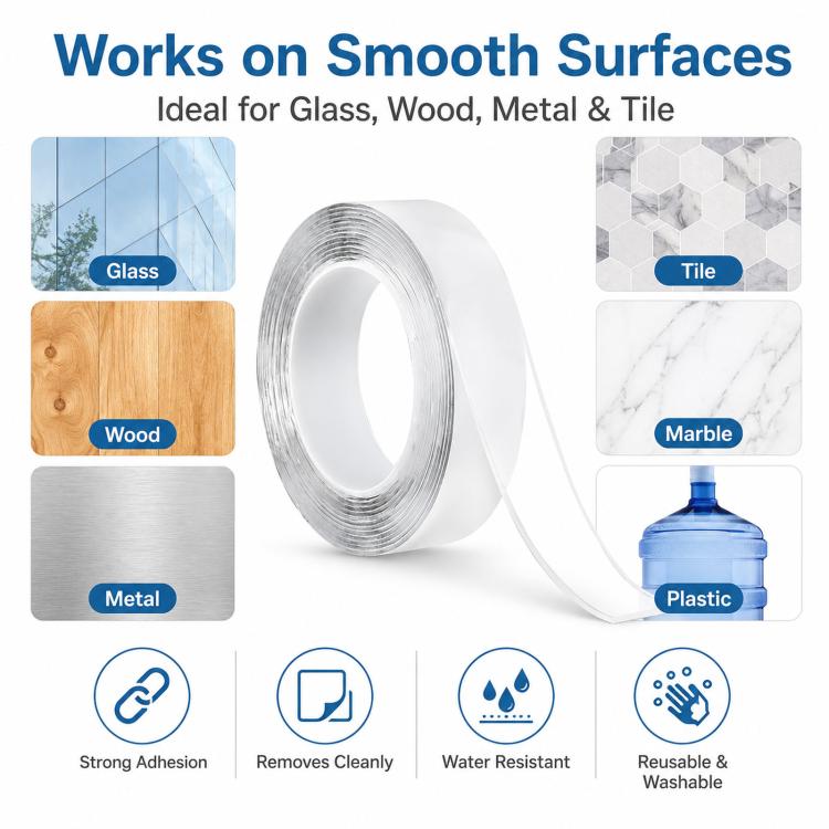 Nano Double Sided Tape Washable Removable Clear Gel Grip Tape Reusable Mounting Tape Waterproof & Removable, 0.04in Thickx1.2in Wide x 3.3ft Long