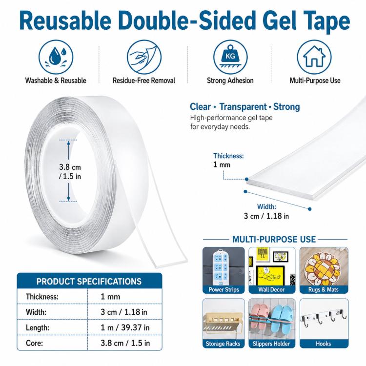 Nano Double Sided Tape Washable Removable Clear Gel Grip Tape Reusable Mounting Tape Waterproof & Removable, 0.04in Thickx1.2in Wide x 3.3ft Long