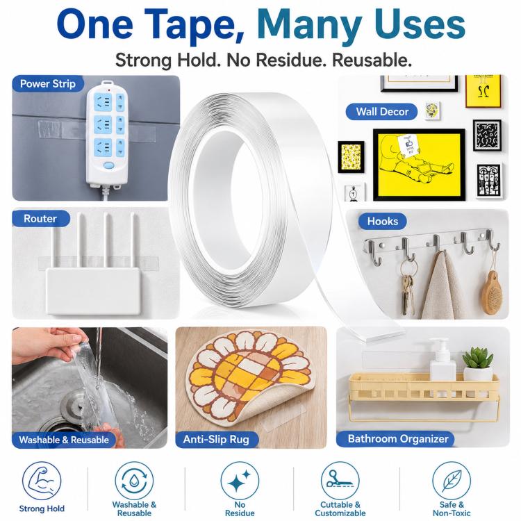 Nano Double Sided Tape Washable Removable Clear Gel Grip Tape Reusable Mounting Tape Waterproof & Removable, 0.04in Thickx1.2in Wide x 3.3ft Long