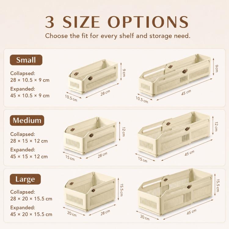 Expandable Drawer Organizer Bins Stackable Plastic Storage Baskets with Slider Lock, 10.5 x 9 x 28cm, 15 x 12 x 28cm, 20 x 15.5 x 28cm