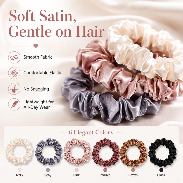 6pcs /Pack Satin Hair Scrunchies Set Minimalist Soft Hair Ties for Women and Girls Gentle No-Damage Silk-Like Hair Accessories