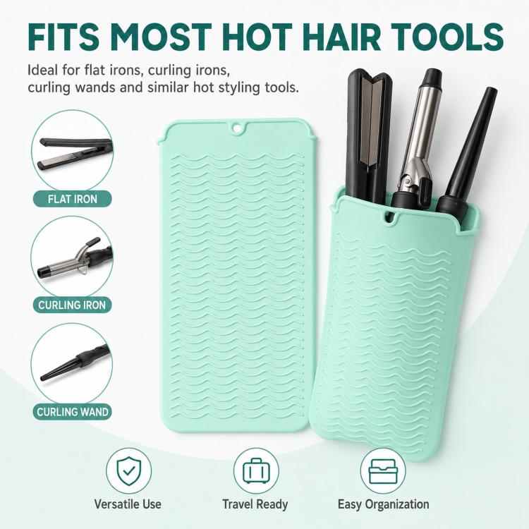 Heat Resistant Silicone Mat Pouch for Curling Iron & Flat Iron 2-in-1 Hot Hair Tool Travel Bag Organizer Non-Slip Double-Sided Wave Countertop Protective Pad for Hair Straightener