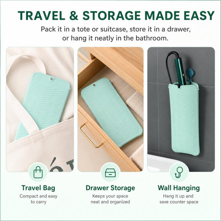Heat Resistant Silicone Mat Pouch for Curling Iron & Flat Iron 2-in-1 Hot Hair Tool Travel Bag Organizer Non-Slip Double-Sided Wave Countertop Protective Pad for Hair Straightener