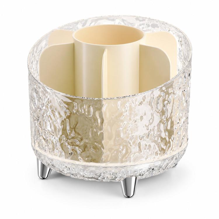 360-degree Rotating Makeup Organizer with 7 Compartments Glacial Texture Spinning Cosmetic Storage Vanity Organizer Clear Brush Holder