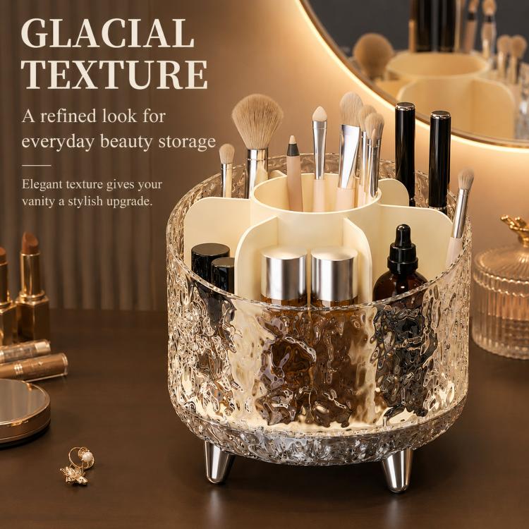 360-degree Rotating Makeup Organizer with 7 Compartments Glacial Texture Spinning Cosmetic Storage Vanity Organizer Clear Brush Holder