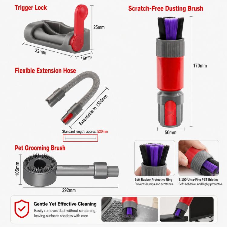 Scratch-Free Dusting Brush Accessories Kit For Dyson V7 V8 V10 V11 V15 Vacuum Attachment Set, 3-in 1 Red, 3-in-1 Gray, 4-in-1 Red, 4-in-1 Gray