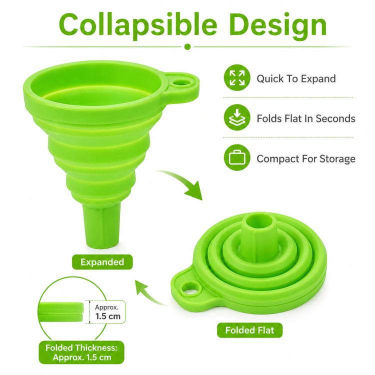 3pcs /Pack Food-Grade Silicone Collapsible Funnel Portable Folding Telescopic Funnel For Kitchen & Household Liquid Dispensing, Green