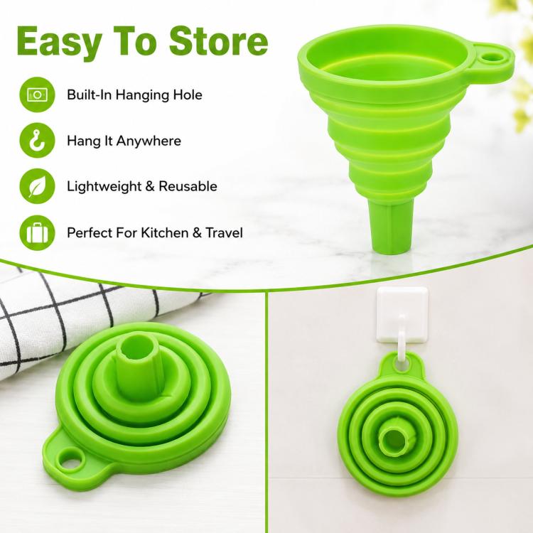 3pcs /Pack Food-Grade Silicone Collapsible Funnel Portable Folding Telescopic Funnel For Kitchen & Household Liquid Dispensing, Green
