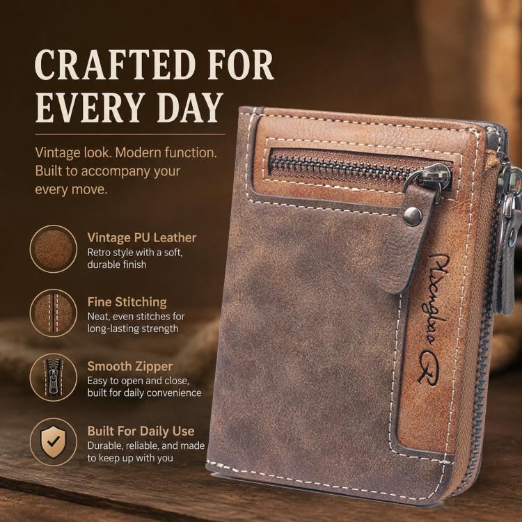 Mens Zipper Wallet Bifold Vintage PU Leather Card Holder with Coin Pocket, Multi Card Slots ID Window Large Capacity Zip Around Pocketbook for Men