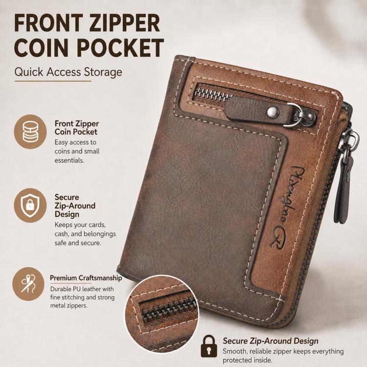 Mens Zipper Wallet Bifold Vintage PU Leather Card Holder with Coin Pocket, Multi Card Slots ID Window Large Capacity Zip Around Pocketbook for Men