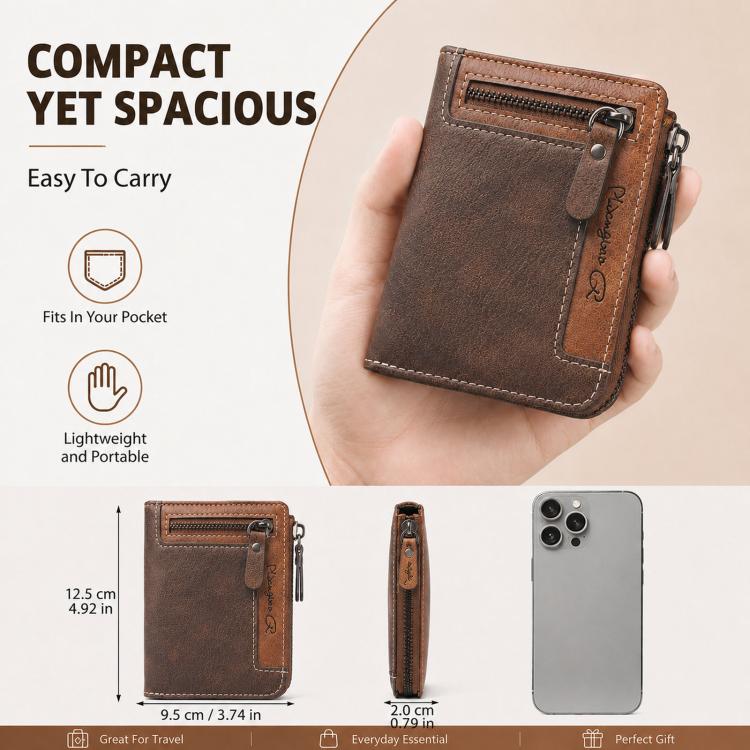 Mens Zipper Wallet Bifold Vintage PU Leather Card Holder with Coin Pocket, Multi Card Slots ID Window Large Capacity Zip Around Pocketbook for Men