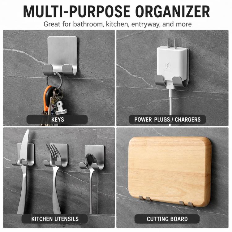 2pcs /Pack Adhesive Stainless Steel Razor Holder for Shower Wall No-Drill Shaver Hanger Utility Storage Hook Multi-Purpose Wall Organizer