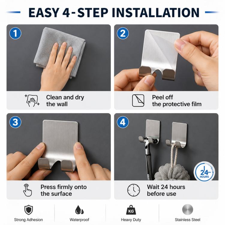 2pcs /Pack Adhesive Stainless Steel Razor Holder for Shower Wall No-Drill Shaver Hanger Utility Storage Hook Multi-Purpose Wall Organizer