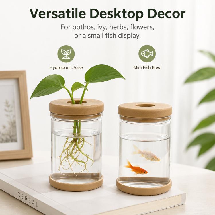 PET Plastic Hydroponic Planter Clear Self-Watering Plant Pot with Soft Silicone Plug & Non-Slip Base, Shatterproof Desktop Vase and Mini Fish Bowl for Pothos, Ivy, Herbs