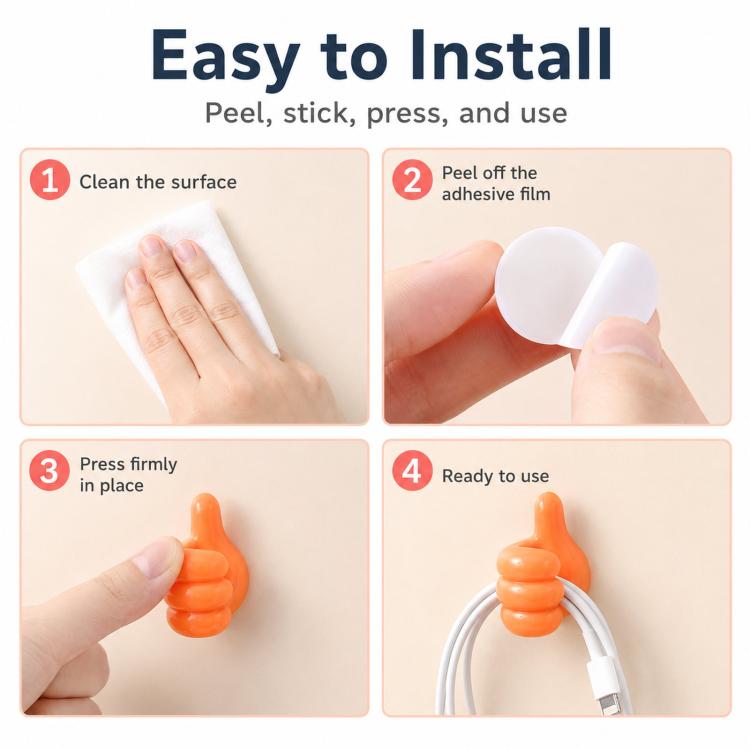 10pcs /Pack Thumbs Up Wall Hooks Cute Adhesive Cable Clips Cord Organizer Multipurpose Desktop Utility Finger Hanger, Random Color