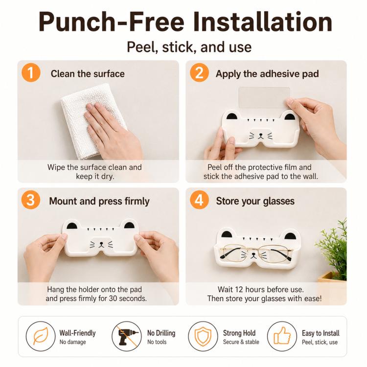 Cute Cat Wall Mounted Glasses Holder Punch-Free Adhesive Eyeglass Organizer Stand Space-Saving Sunglasses Storage Box for Bedside, Closet, Vanity, Car