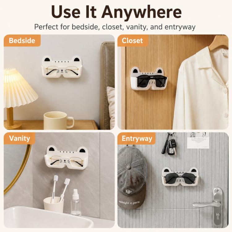 Cute Cat Wall Mounted Glasses Holder Punch-Free Adhesive Eyeglass Organizer Stand Space-Saving Sunglasses Storage Box for Bedside, Closet, Vanity, Car