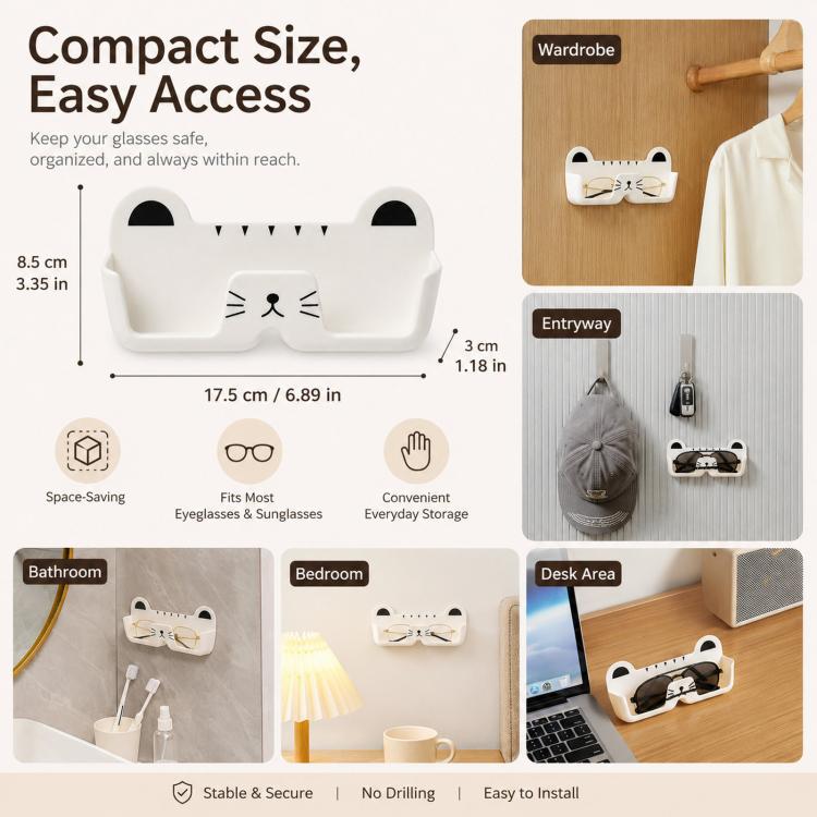 Cute Cat Wall Mounted Glasses Holder Punch-Free Adhesive Eyeglass Organizer Stand Space-Saving Sunglasses Storage Box for Bedside, Closet, Vanity, Car