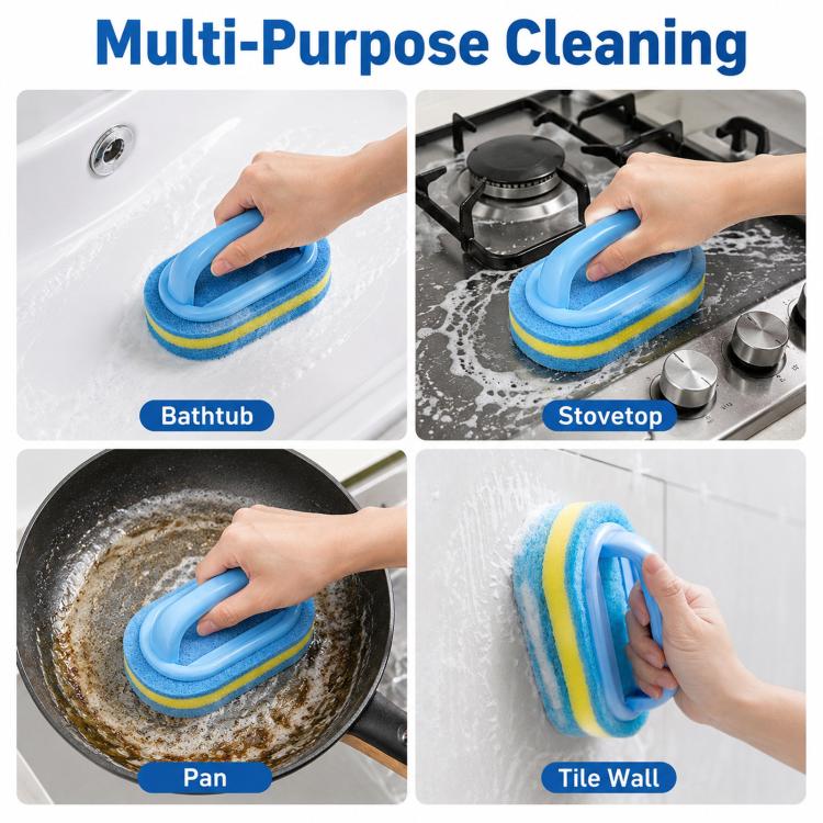 Multi-Purpose Scrub Sponge Brush With Handle Non-Scratch 3-Layer Thickened Polyester Fiber Scouring Pad For Pots, Pans, Stove
