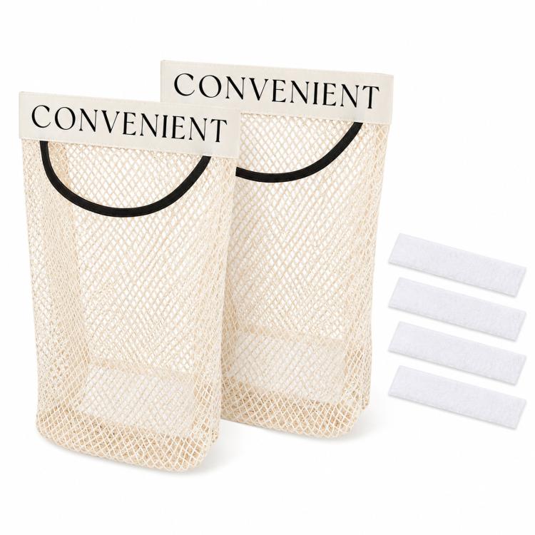 2pcs /Pack Grocery Bag Holder, Detachable Wall-Mount Mesh Storage Bag With Adhesive Hook And Loop, Elastic Plastic Bag Dispenser For Kitchen Cabinet Door