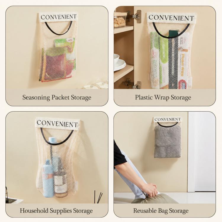 2pcs /Pack Grocery Bag Holder, Detachable Wall-Mount Mesh Storage Bag With Adhesive Hook And Loop, Elastic Plastic Bag Dispenser For Kitchen Cabinet Door
