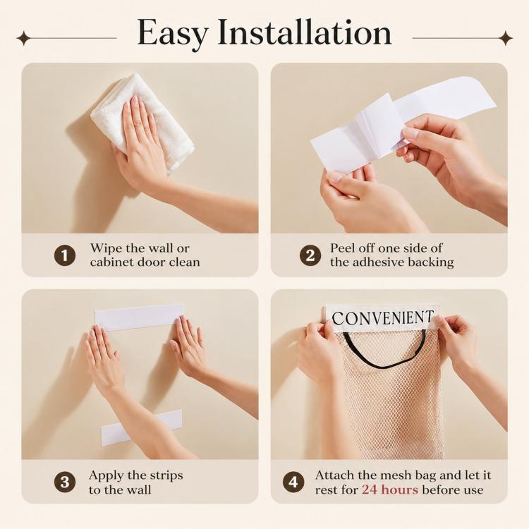 2pcs /Pack Grocery Bag Holder, Detachable Wall-Mount Mesh Storage Bag With Adhesive Hook And Loop, Elastic Plastic Bag Dispenser For Kitchen Cabinet Door