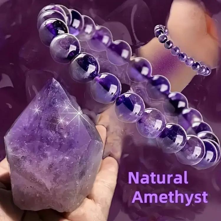 Natural Amethyst Beaded Bracelet Purple Crystal Healing Stone Stretch Bracelet, Mindful Spiritual Meditation Gemstone Jewelry Gift