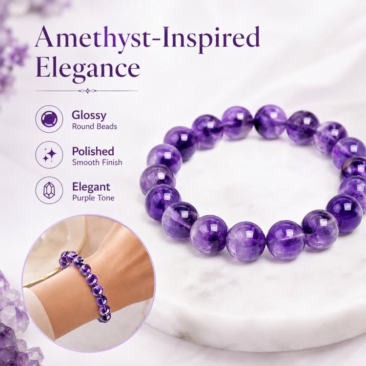 Natural Amethyst Beaded Bracelet Purple Crystal Healing Stone Stretch Bracelet, Mindful Spiritual Meditation Gemstone Jewelry Gift