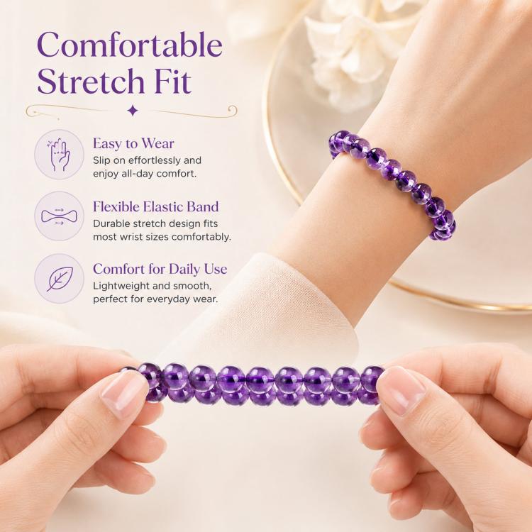 Natural Amethyst Beaded Bracelet Purple Crystal Healing Stone Stretch Bracelet, Mindful Spiritual Meditation Gemstone Jewelry Gift