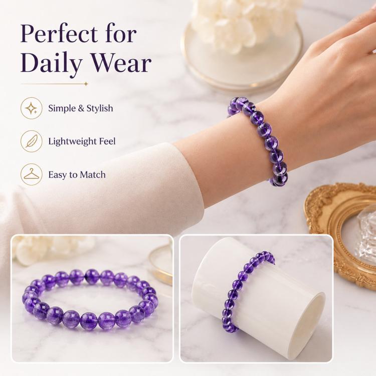 Natural Amethyst Beaded Bracelet Purple Crystal Healing Stone Stretch Bracelet, Mindful Spiritual Meditation Gemstone Jewelry Gift