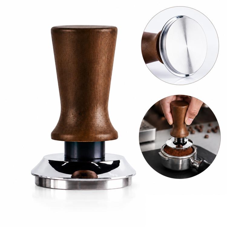 Solid Wood Handle Stainless Steel Constant Force Coffee Tamper, 51mm Threaded Bottom, 53mm Threaded Bottom, 58mm Threaded Bottom, 51mm Flat Bottom, 53mm Flat Bottom, 58mm Flat Bottom