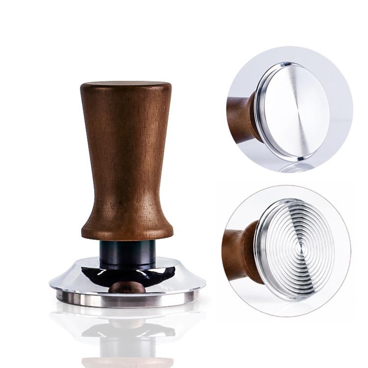 Solid Wood Handle Stainless Steel Constant Force Coffee Tamper, 51mm Threaded Bottom, 53mm Threaded Bottom, 58mm Threaded Bottom, 51mm Flat Bottom, 53mm Flat Bottom, 58mm Flat Bottom