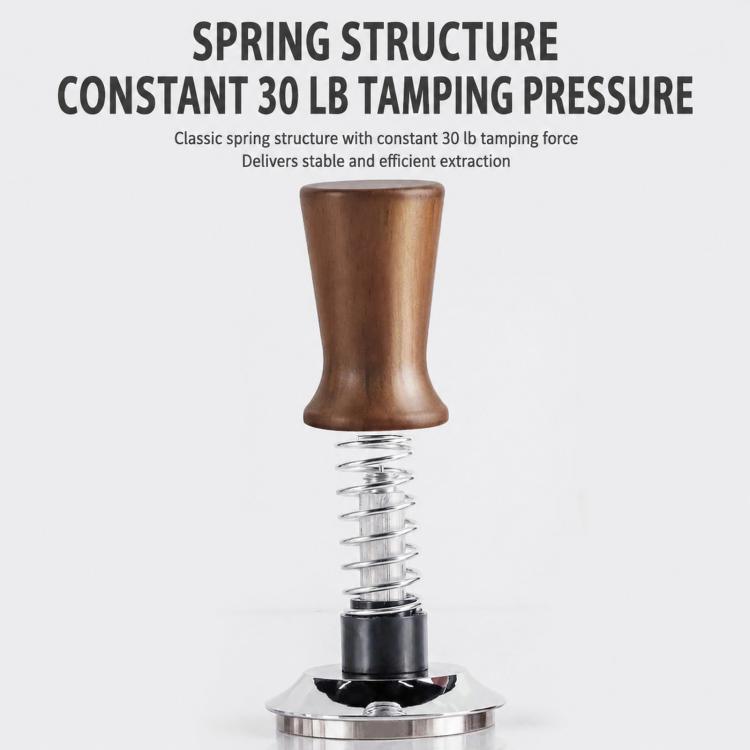 Solid Wood Handle Stainless Steel Constant Force Coffee Tamper, 51mm Threaded Bottom, 53mm Threaded Bottom, 58mm Threaded Bottom, 51mm Flat Bottom, 53mm Flat Bottom, 58mm Flat Bottom